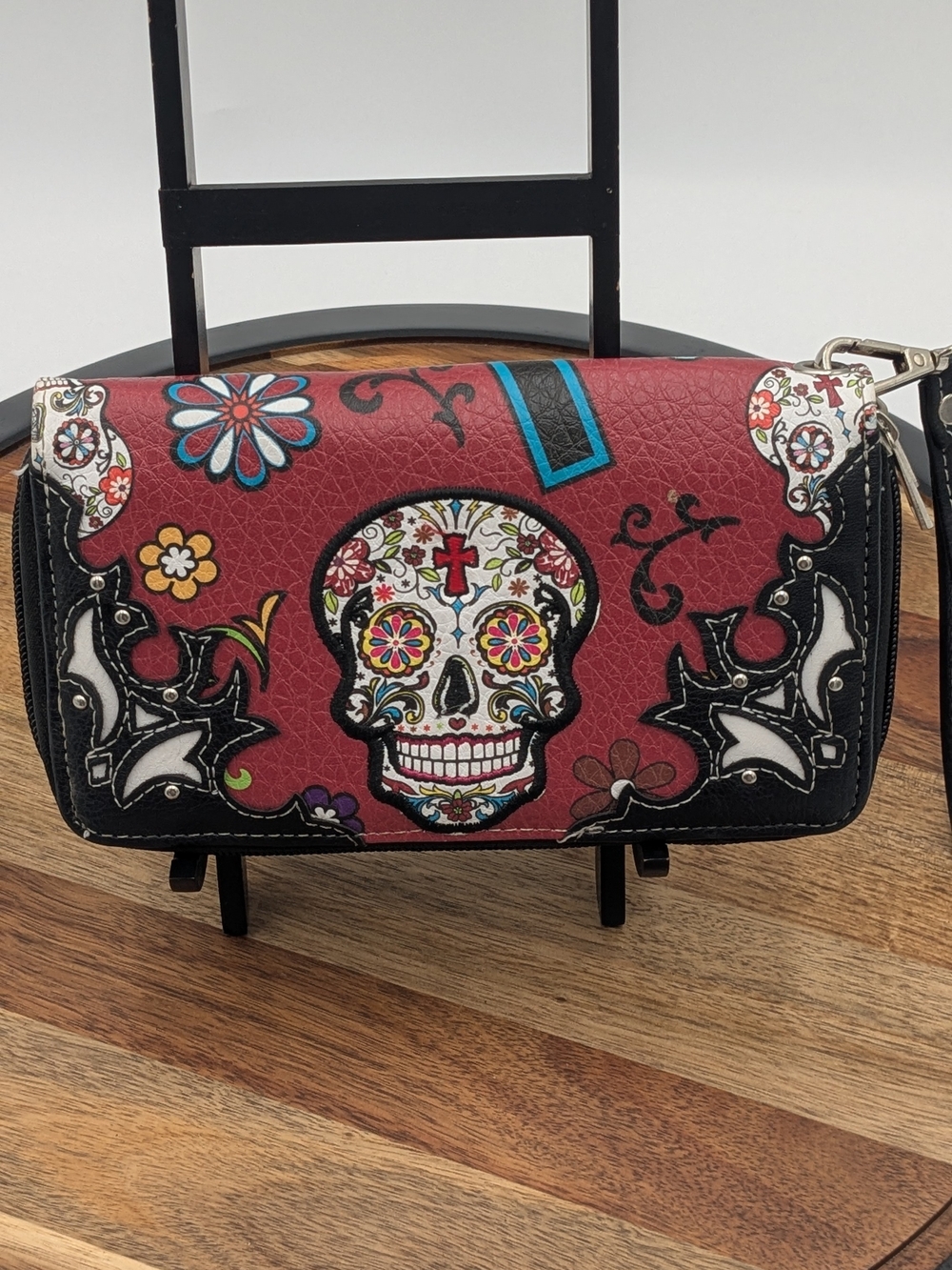 Sugar Skull Wallet Wristlet Red Black Floral Tattoo Goth Zip Around